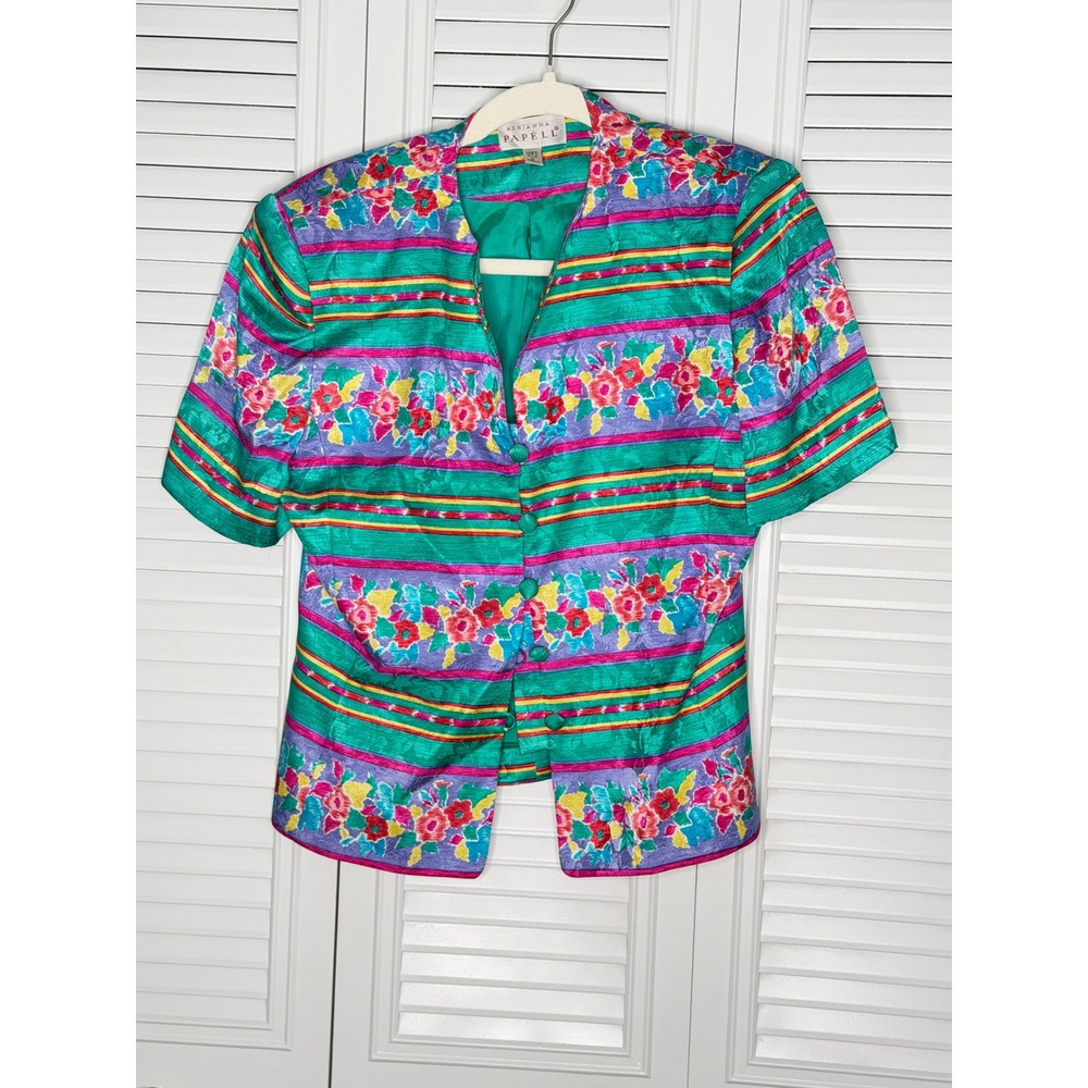 Adrianna Papell Silk Blouse Women 8 Multicolor Excellent Vintage Floral Striped